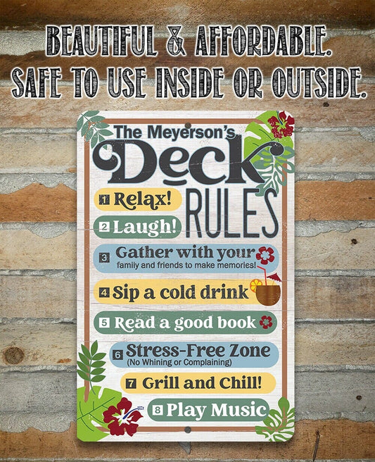 Personalized - Deck Rules Relax Laugh Gather With Your Family - 8" x 12" or 12" x 18" Aluminum Tin Awesome Metal Poster Lone Star Art