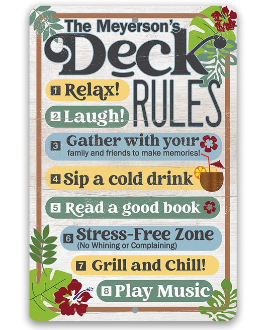 Personalized - Deck Rules Relax Laugh Gather With Your Family - 8" x 12" or 12" x 18" Aluminum Tin Awesome Metal Poster Lone Star Art
