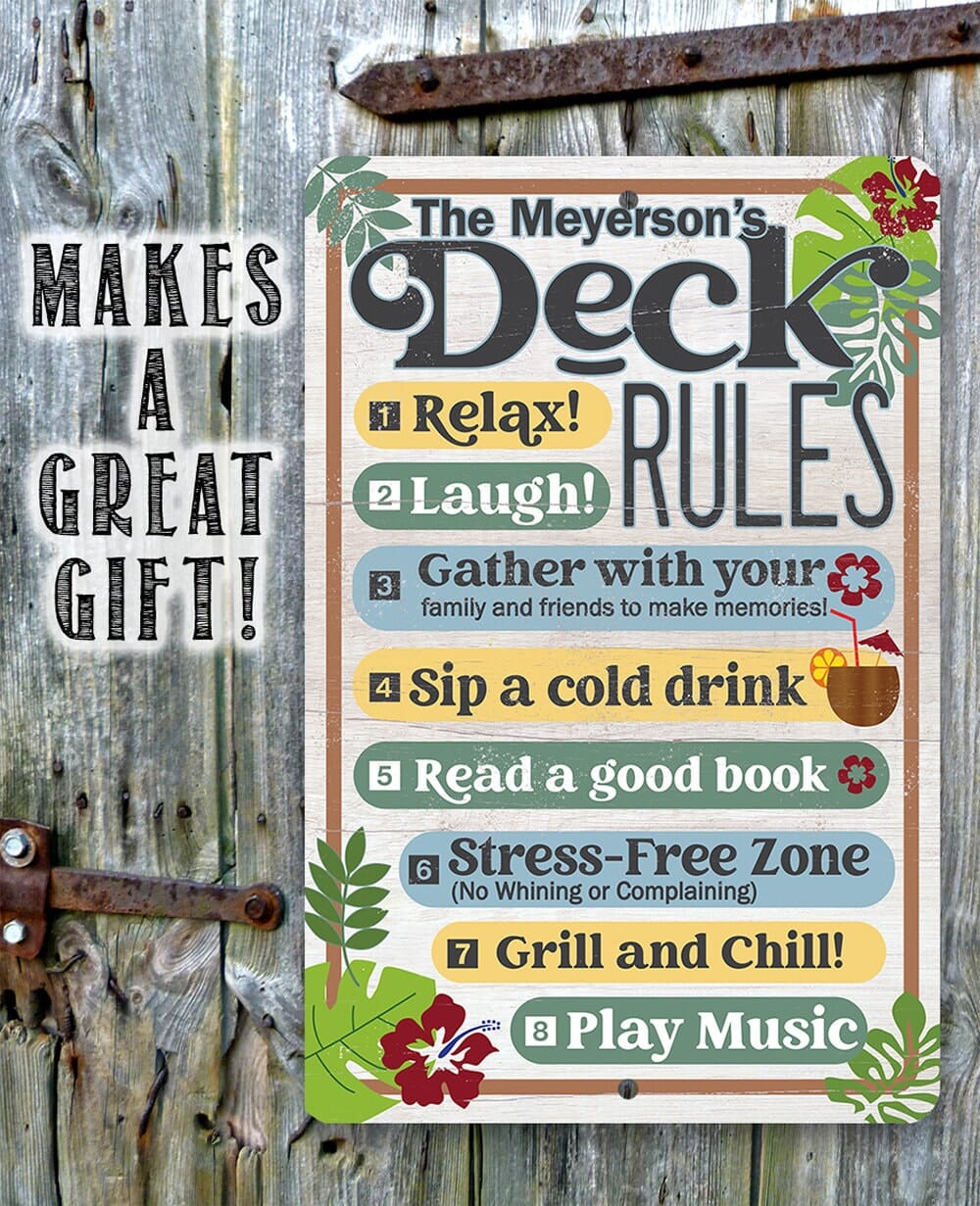 Personalized - Deck Rules Relax Laugh Gather With Your Family - 8" x 12" or 12" x 18" Aluminum Tin Awesome Metal Poster Lone Star Art 