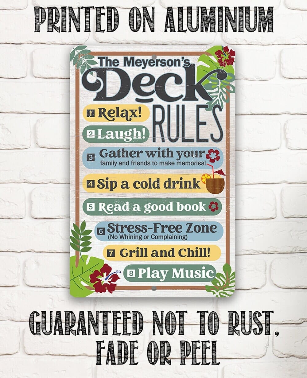 Personalized - Deck Rules Relax Laugh Gather With Your Family - 8" x 12" or 12" x 18" Aluminum Tin Awesome Metal Poster Lone Star Art 