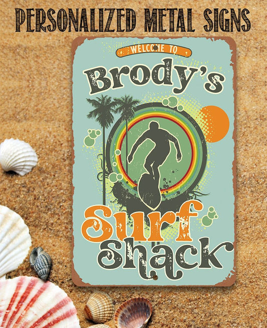 Personalized - Surf Shack Surfing Guy - Metal Sign | Lone Star Art.