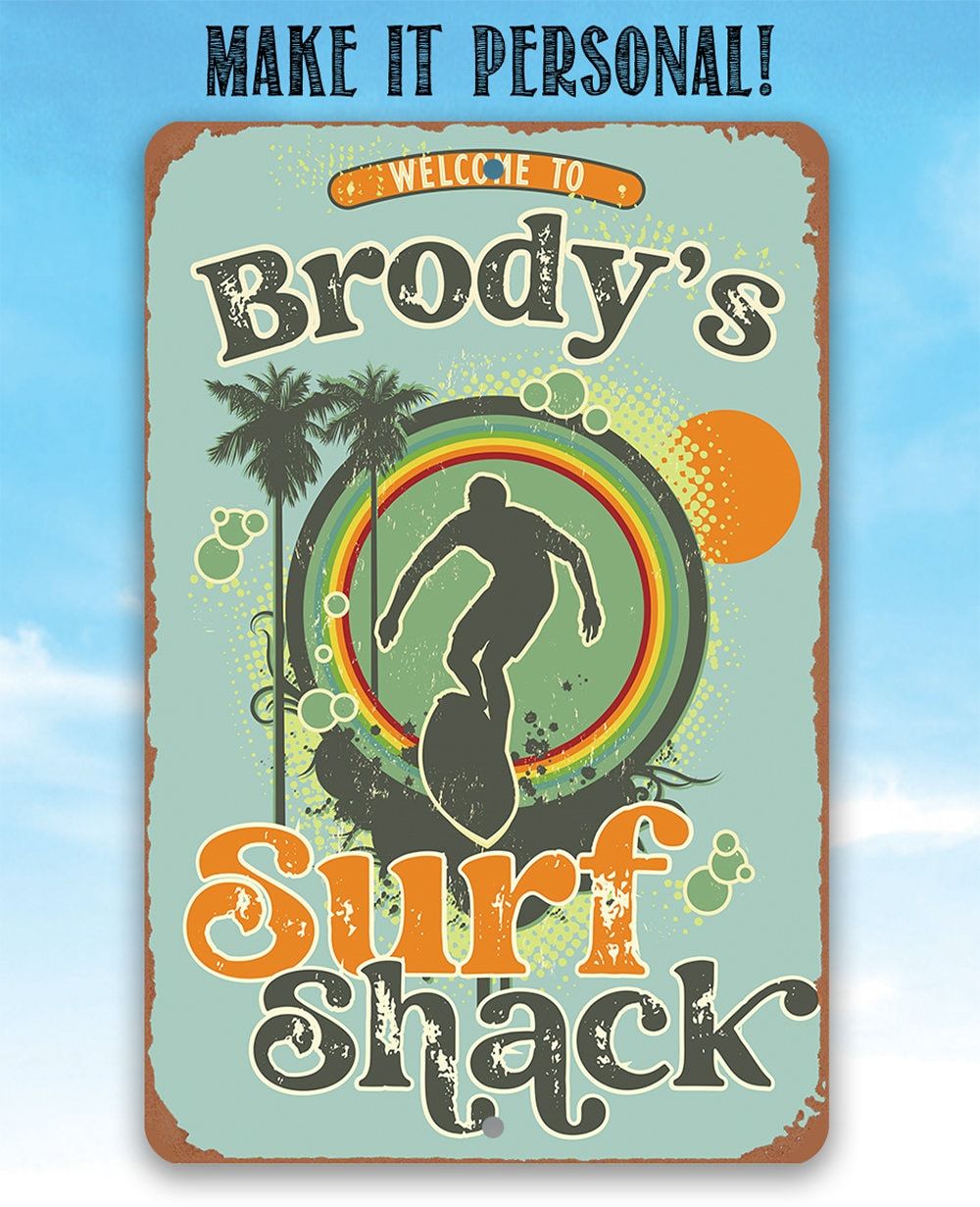 Personalized - Surf Shack Surfing Guy - Metal Sign | Lone Star Art.