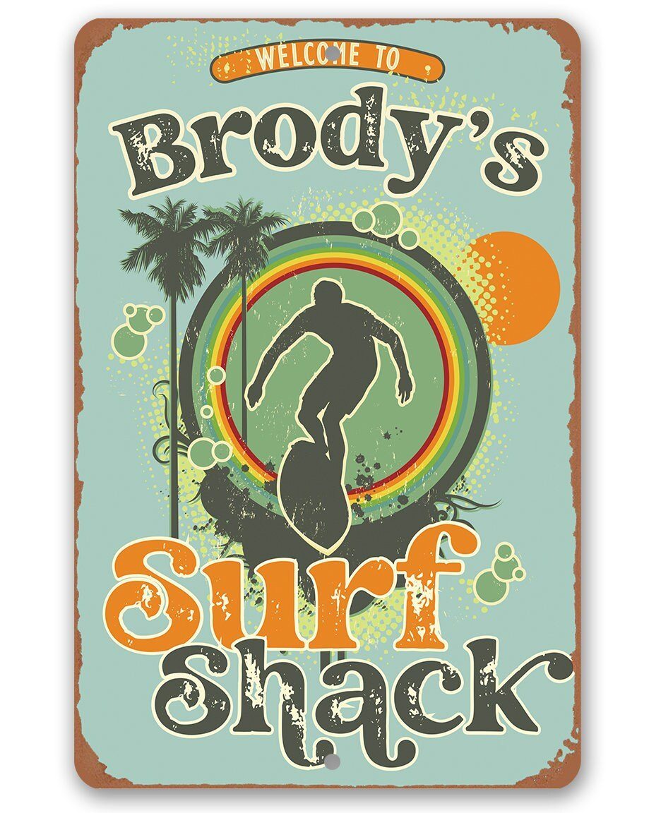 Personalized - Surf Shack Surfing Guy - Metal Sign | Lone Star Art.