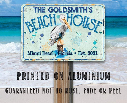 Personalized - Pelican Beach House - Metal Sign | Lone Star Art.