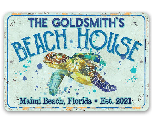 Personalized - Sea Turtle Beach House - Metal Sign | Lone Star Art.