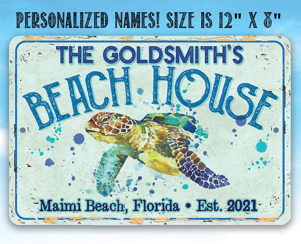 Personalized - Sea Turtle Beach House - Metal Sign | Lone Star Art.