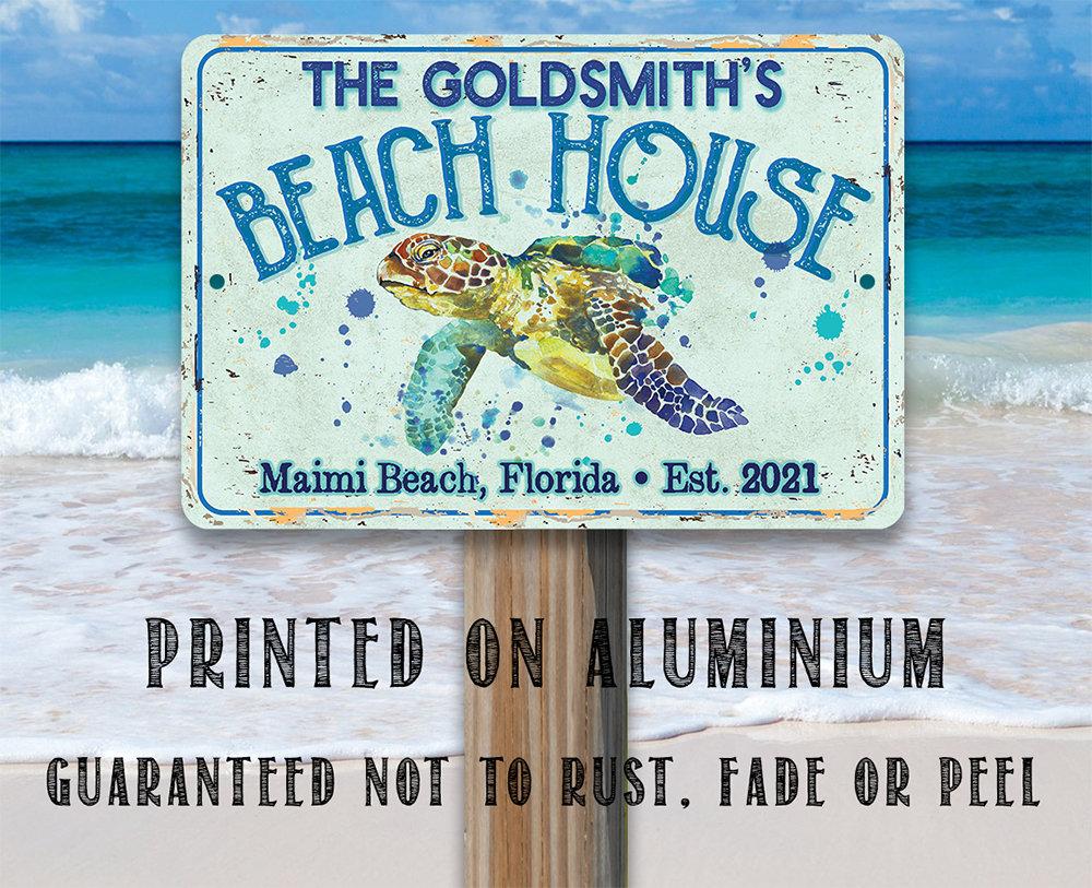 Personalized - Sea Turtle Beach House - Metal Sign | Lone Star Art.