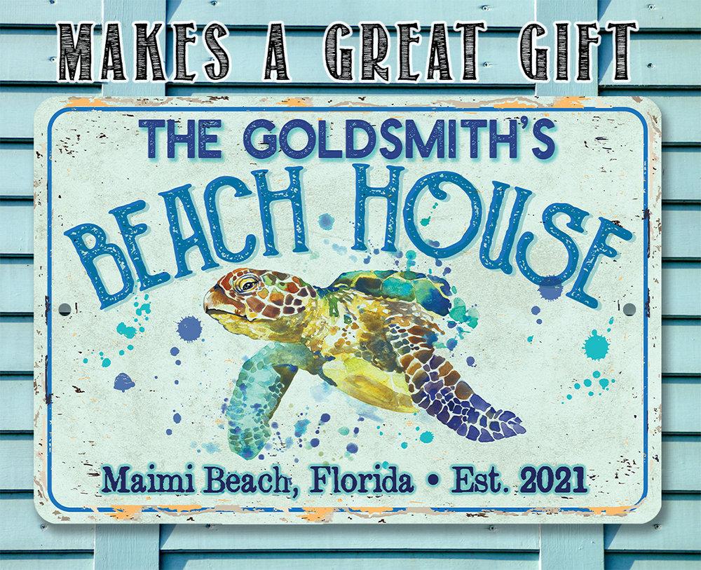 Personalized - Sea Turtle Beach House - Metal Sign | Lone Star Art.