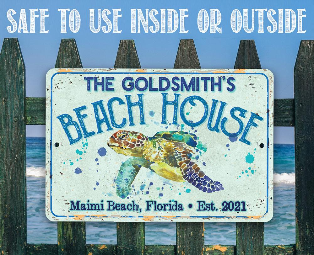 Personalized - Sea Turtle Beach House - Metal Sign | Lone Star Art.