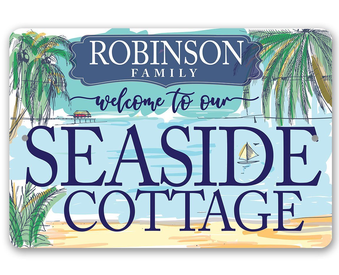 Personalized - Seaside Cottage - Metal Sign | Lone Star Art.