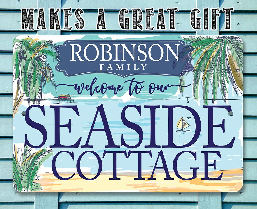 Personalized - Seaside Cottage - Metal Sign | Lone Star Art.