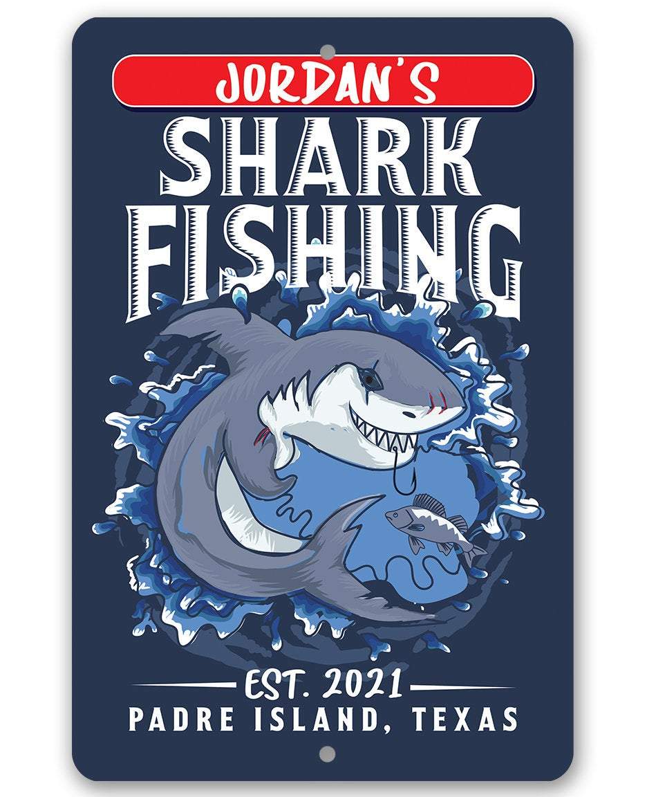 Personalized - Shark Fishing - Metal Sign | Lone Star Art.