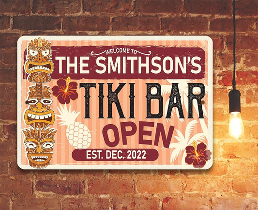 Personalized - Tiki Bar Open - Metal Sign Metal Sign Lone Star Art