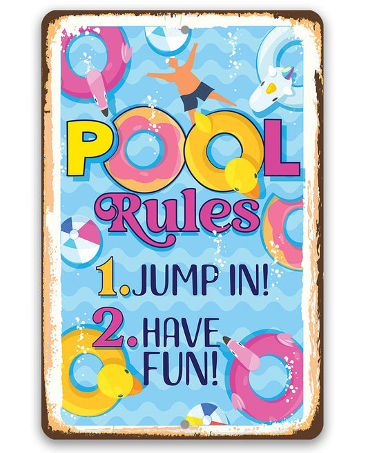 Pool Rules, Jump In, Have Fun - 8" x 12" or 12" x 18" Aluminum Tin Awesome Metal Poster Lone Star Art