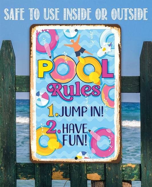 Pool Rules, Jump In, Have Fun - 8" x 12" or 12" x 18" Aluminum Tin Awesome Metal Poster Lone Star Art