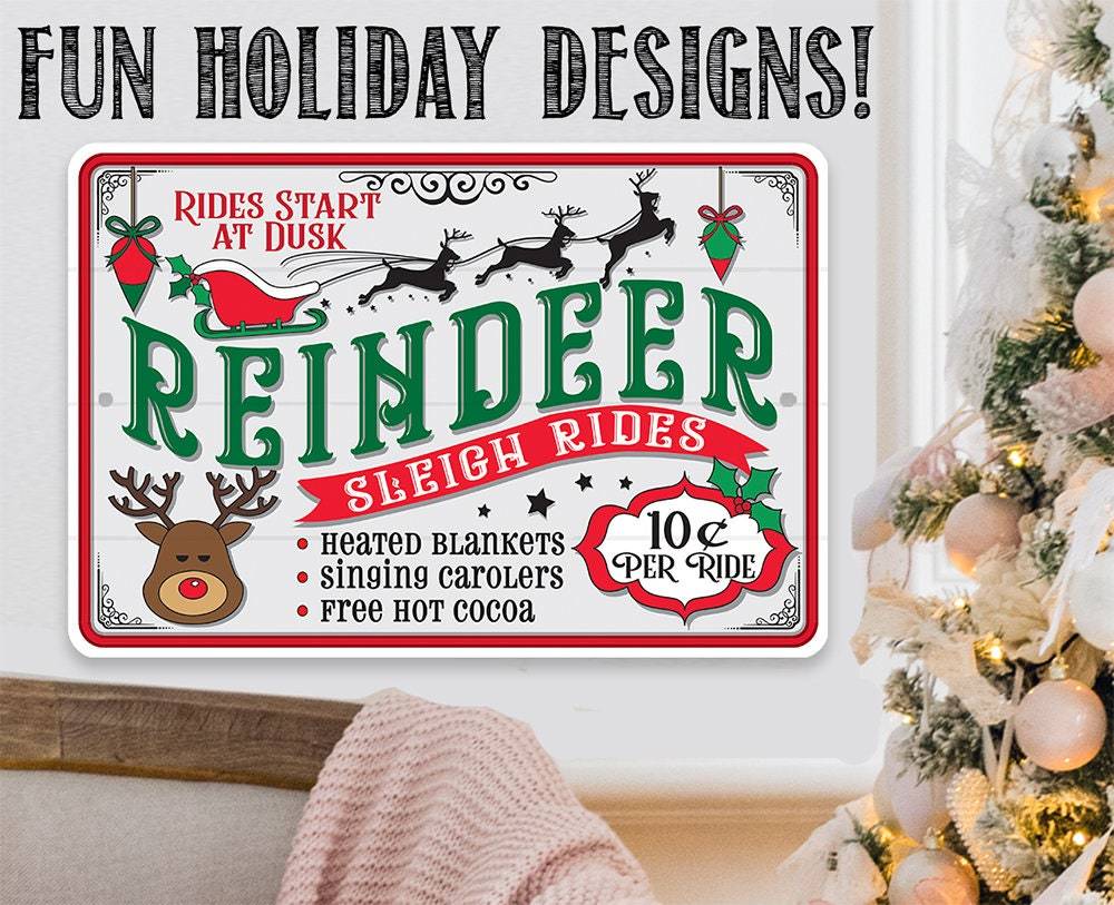 Reindeer Sleigh Rides - Metal Sign | Lone Star Art.