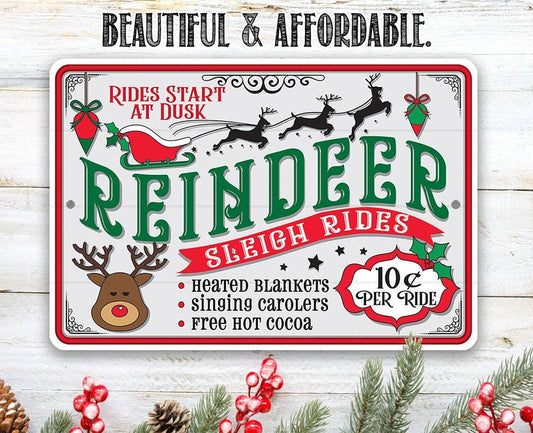 Reindeer Sleigh Rides - Metal Sign | Lone Star Art.