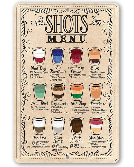 Shots Menu - Metal Sign | Lone Star Art.