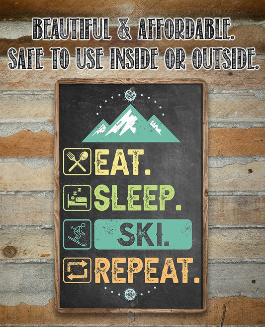 Ski Signs - Eat Sleep Ski - Ski Tin Sign - Chalkboard Style-Use Indoor/Outdoor - 8" x 12" or 12" x 18" Aluminum Tin Awesome Metal Poster Lone Star Art