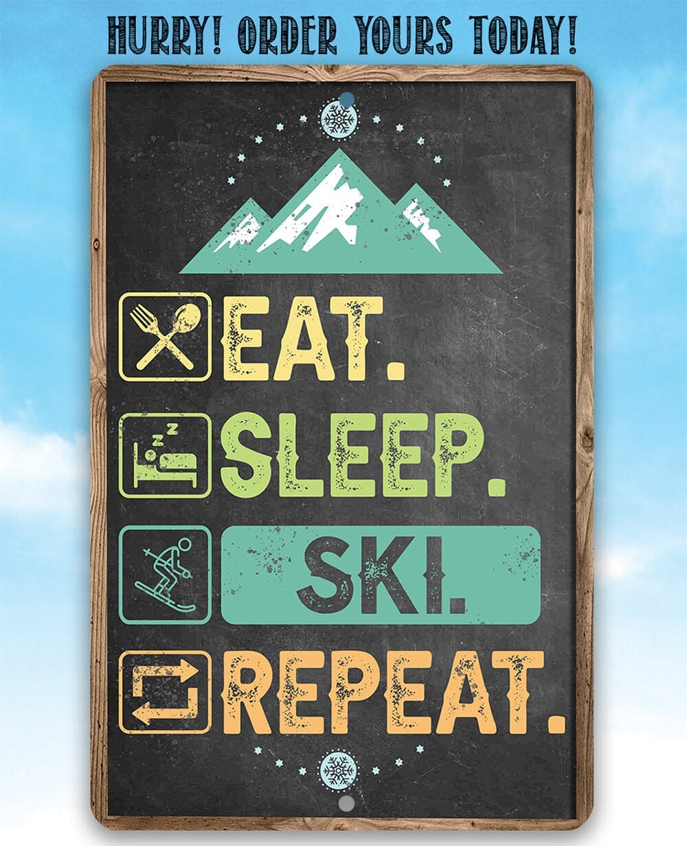 Ski Signs - Eat Sleep Ski - Ski Tin Sign - Chalkboard Style-Use Indoor/Outdoor - 8" x 12" or 12" x 18" Aluminum Tin Awesome Metal Poster Lone Star Art 