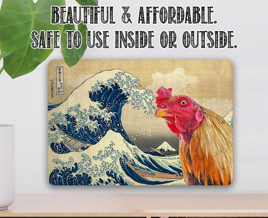 The Great Wave off Kanagawa Painting - Interrupted by Rooster- 8" x 12" or 12" x 18" Aluminum Tin Awesome Metal Poster Lone Star Art