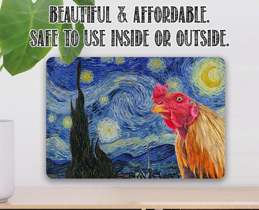 The Starry Night Painting - Interrupted by Rooster- 8" x 12" or 12" x 18" Aluminum Tin Awesome Metal Poster Lone Star Art