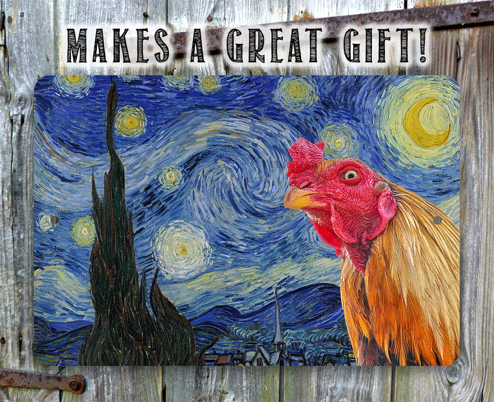 The Starry Night Painting - Interrupted by Rooster- 8" x 12" or 12" x 18" Aluminum Tin Awesome Metal Poster Lone Star Art 