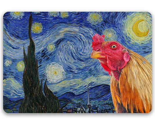 The Starry Night Painting - Interrupted by Rooster- 8" x 12" or 12" x 18" Aluminum Tin Awesome Metal Poster Lone Star Art
