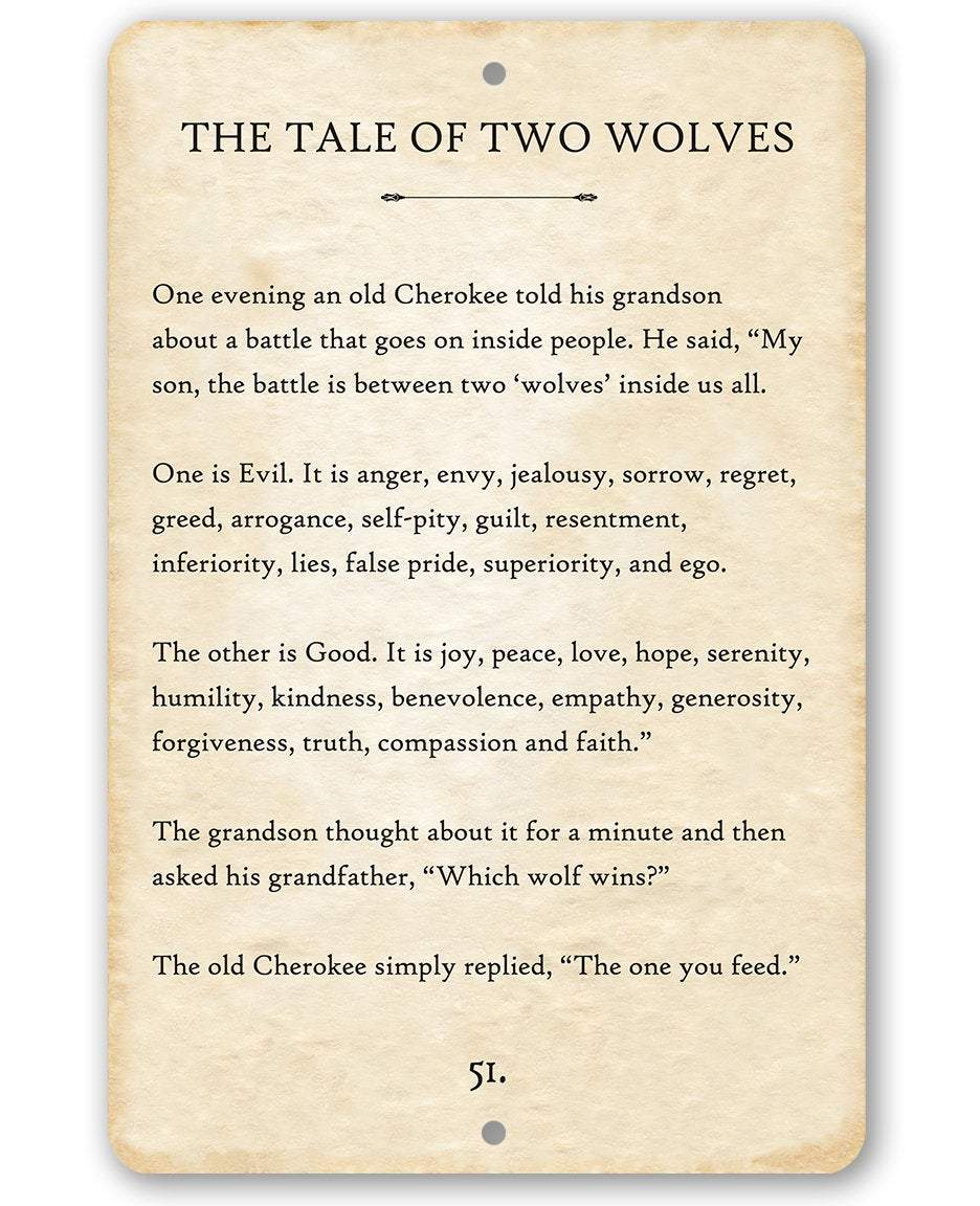 The Tale of Two Wolves - Metal Sign | Lone Star Art.