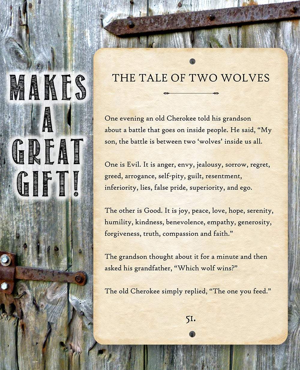 Two Wolves Lettering The Tale of Two Wolves - Metal Sign | Lone Star Art.
