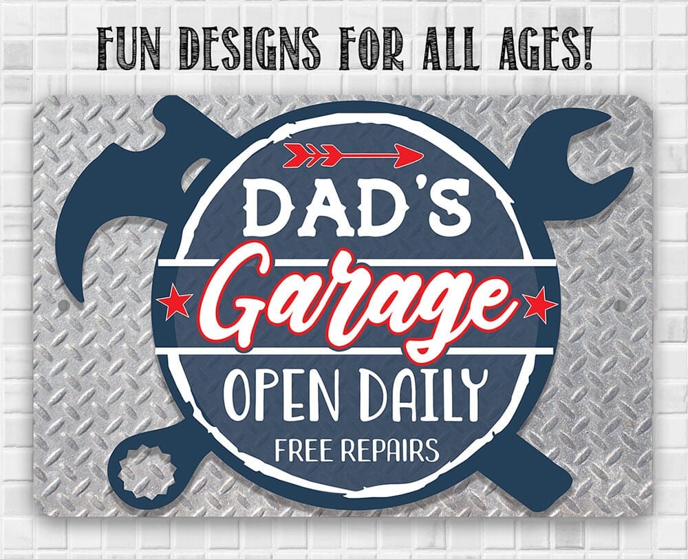 Tin - Metal Sign - Dad's Garage Open Daily Free Repairs - 8" x 12" or 12" x 18" Aluminum Tin Awesome Metal Poster Lone Star Art 